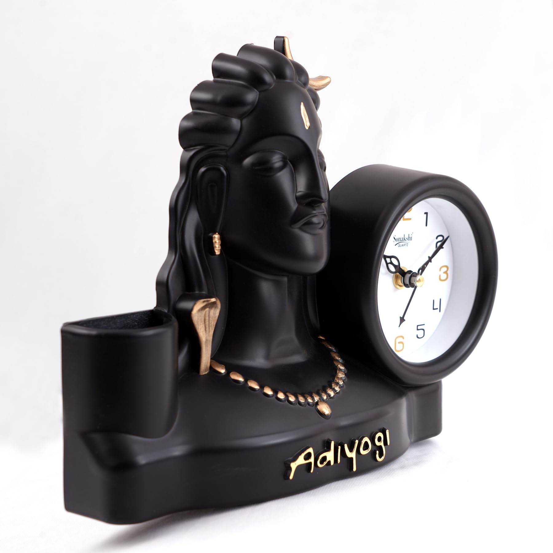 Sonakshi Quartz Adiyogi Table Clock with Pen Stand (Black